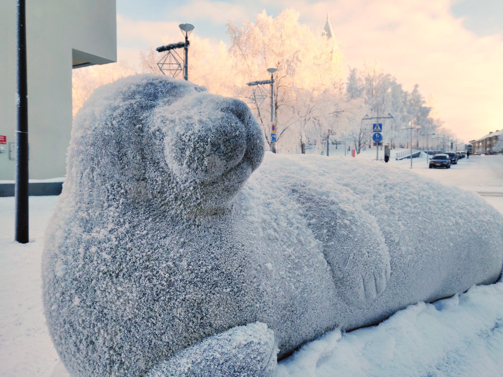 Kuuran peittämä Norppa-patsas.